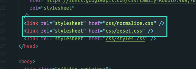 Normalize.css and Reset.css added to the head of the off-canvas menu project