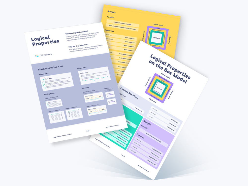 Beautifully designed Logical Properties cheatsheet that will prompt you of each of the logical properties names, values, and syntax.